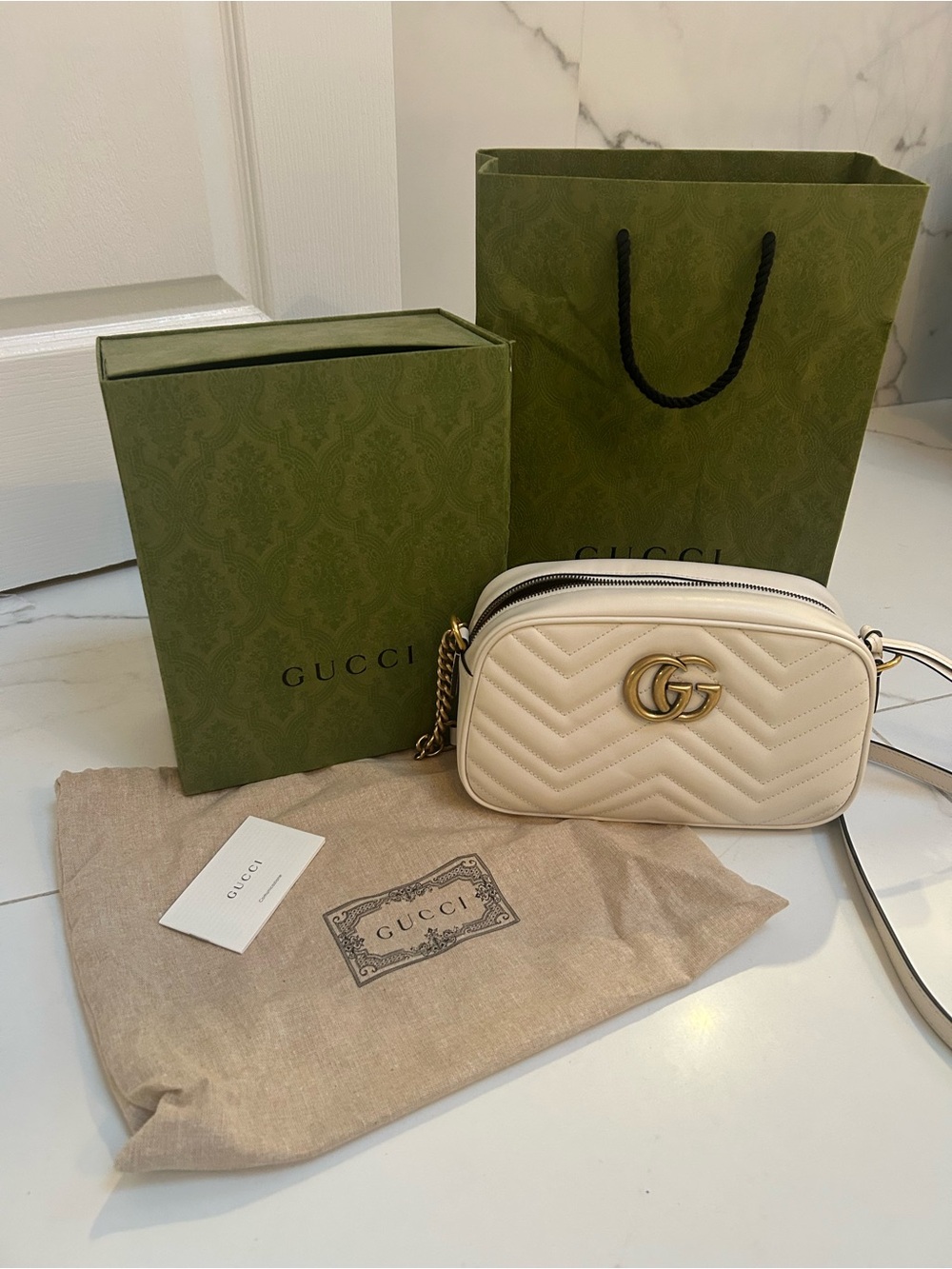 Gucci Cream GG Marmont Quilted Camera Crossbody Bag